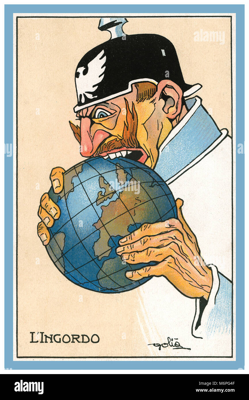 VINTAGE 1900's WW1 Italian Poster Cartoon Postcard - Italie humour militaire propagande 'L'Ingordo' L'Ingordo, le monde trop dur pour manger vers 1915. Kaiser Guillaume II d'Allemagne caricaturé essayant de manger le monde, mais le trouve «trop dur». Mordre plus qu'il ne peut mâcher.... Banque D'Images