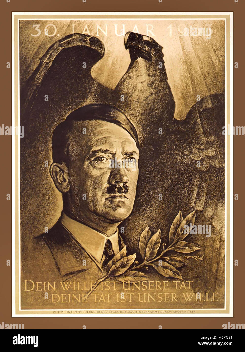 Vintage 1933 Adolf Hitler Chancelier affiche commémorant le 30 janvier 1933, une date à laquelle un nouveau cabinet allemand a prêté serment lors d'une cérémonie dans le bureau de Hindenburg. Le NSDAP nommé Adolf Hitler comme chancelier de l'Allemagne. "Vos désirs sont des ordres' Deutschland, 1943 Banque D'Images