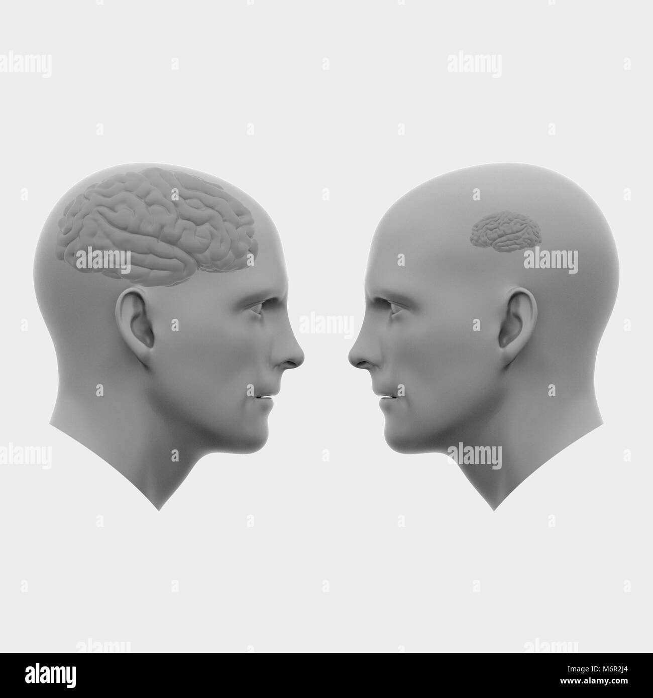 Deux hommes chefs dont une avec un grand cerveau l'autre avec un petit. Art abstrait minimaliste concepts de communication. Le rendu 3d illustration Banque D'Images