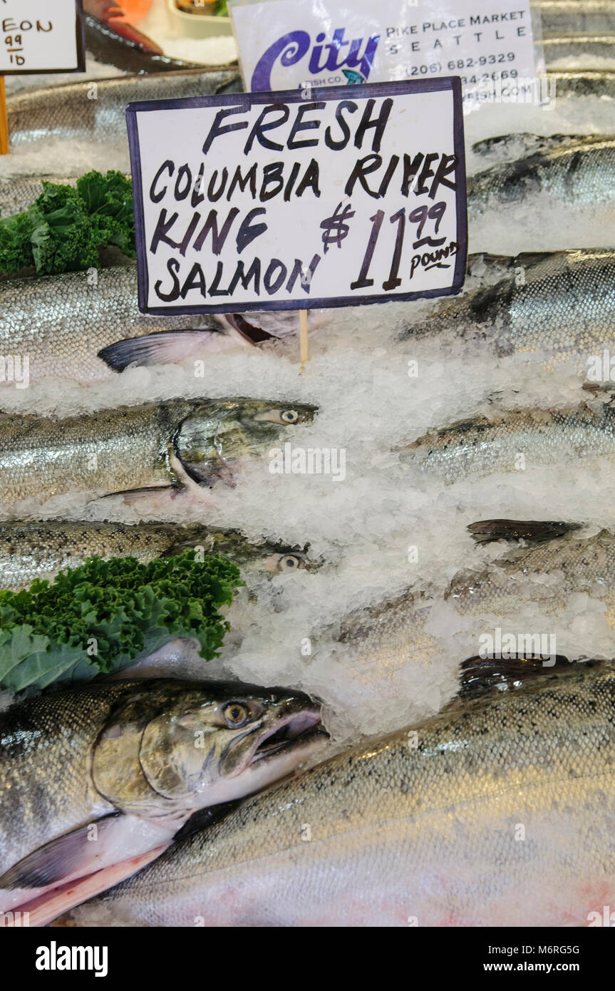 Seattle, Washington. Pike Place Market. Affichage du poisson. Columbia river King Salmon pour la vente. Banque D'Images