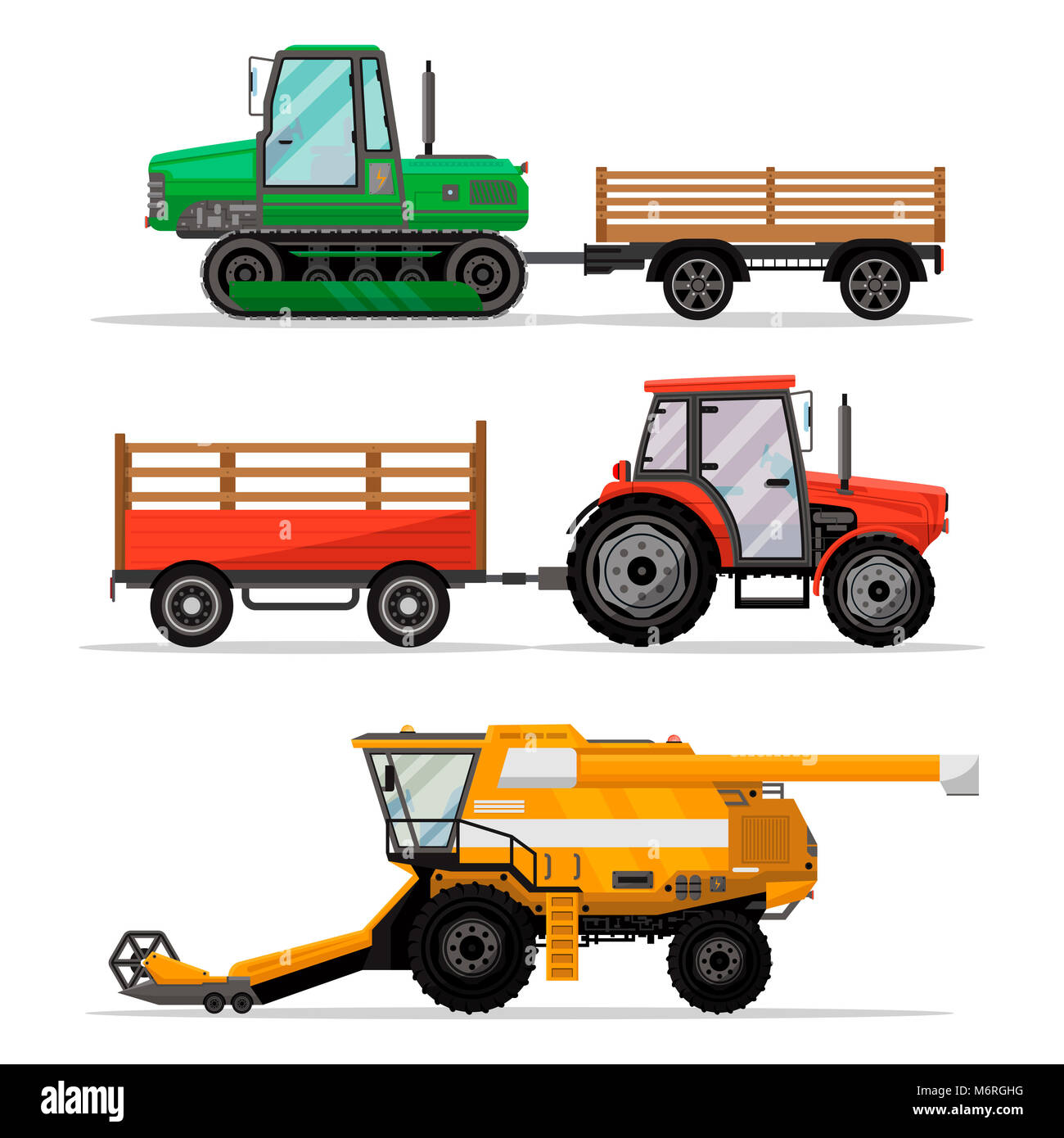 De lourdes machines agricoles pour le travail sur le terrain ensemble isolé. Tracteurs et tracteurs à chenilles avec remorques, moissonneuse-batteuse, illustration. Indust Rural Banque D'Images