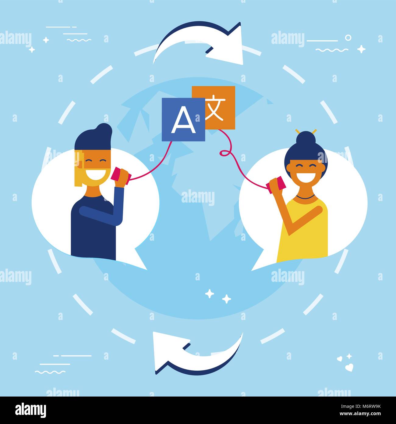 International communication concept illustration. Amis parler sur les médias sociaux dans différentes langues en utilisant les services de traduction. Vecteur EPS10. Illustration de Vecteur