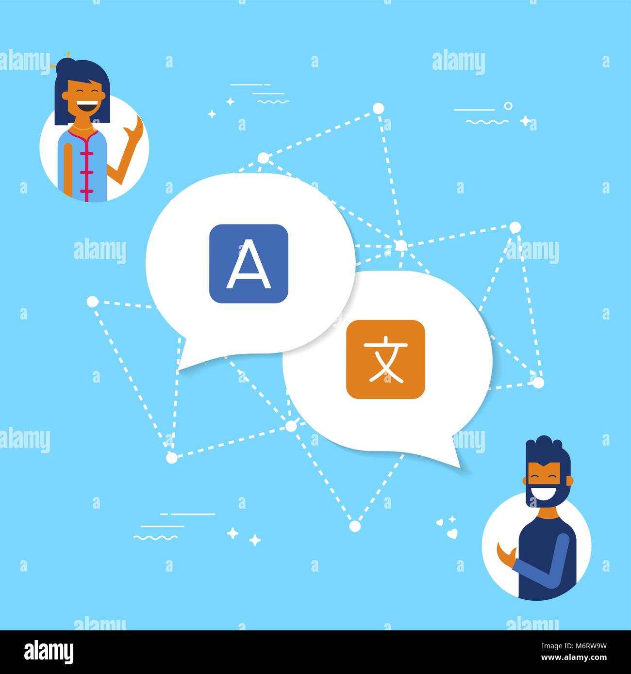 International communication concept illustration. Amis parler dans différentes langues en utilisant les services de traduction. Vecteur EPS10. Illustration de Vecteur