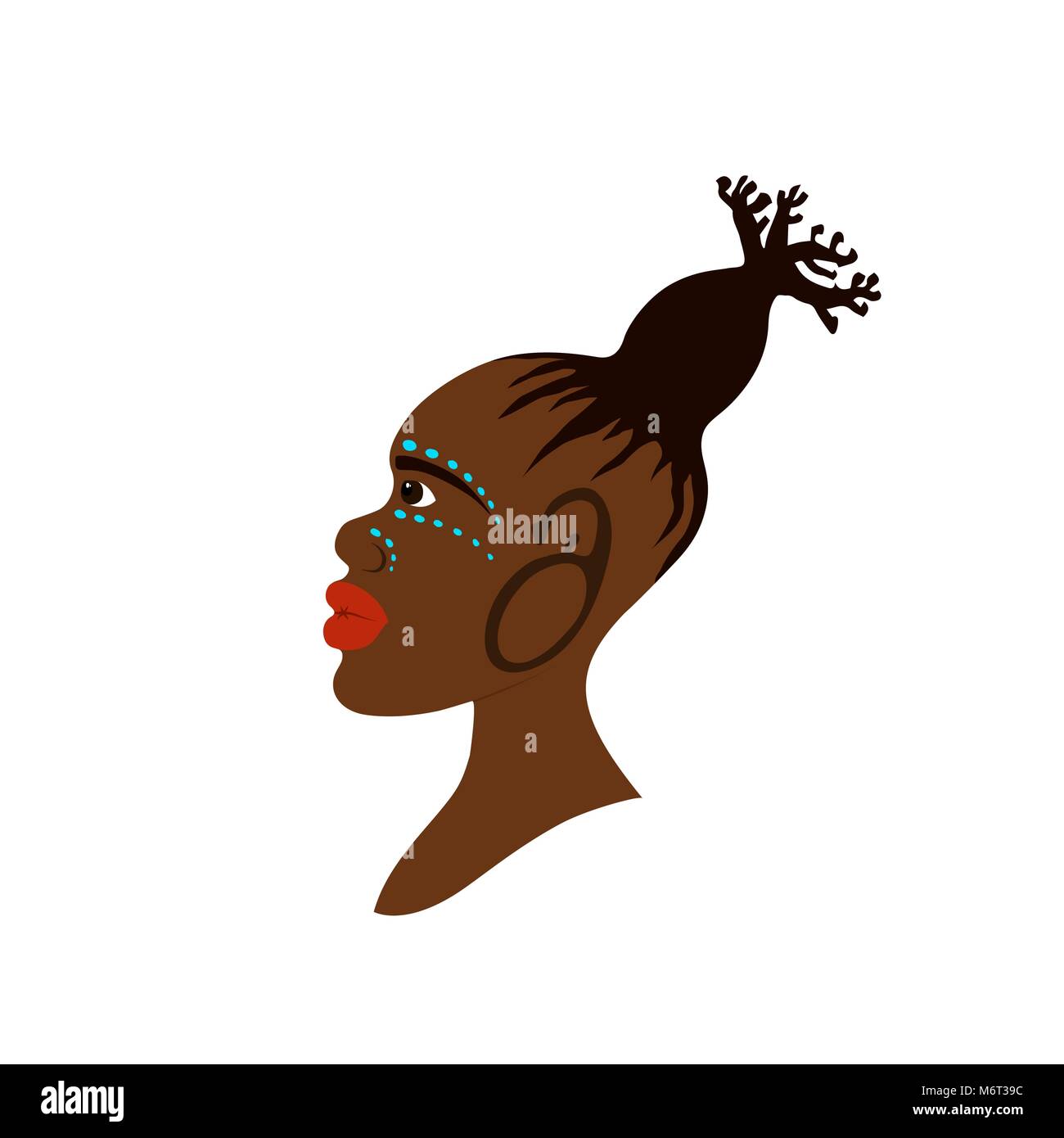 Vector portrait de femme africaine traditionnelle avec hairstyle dans forme baobab et la guerre-peinture maquillage. Concept Baobab Illustration de Vecteur