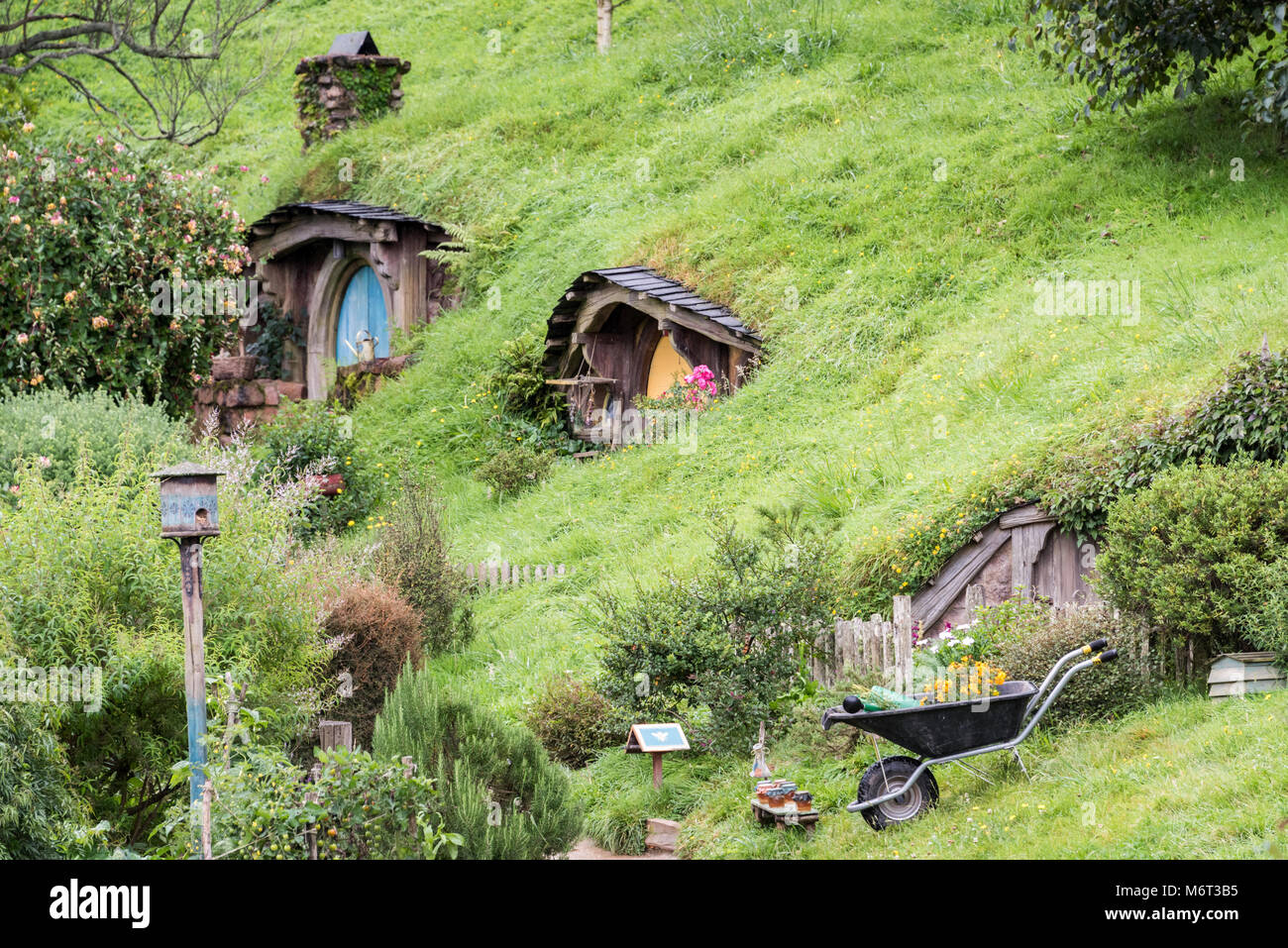 Maisons Hobbit, Hobbiton Movie Set, Matamata, île du Nord, Nouvelle-Zélande Banque D'Images