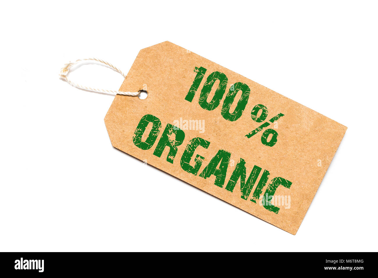 Cent pour cent signe biologique- un document étiquette de prix sur un fond blanc - shopping concept. Banque D'Images