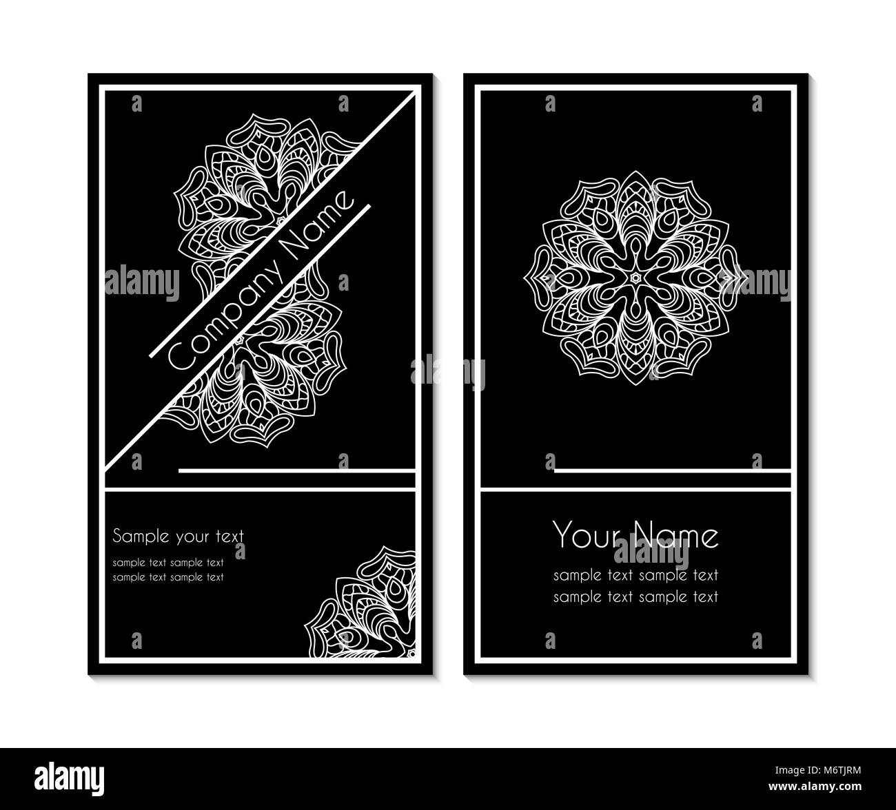 Carte en noir et blanc avec un dessin ornemental circulaire. Lacy Contour motif blanc sur fond sombre Illustration de Vecteur
