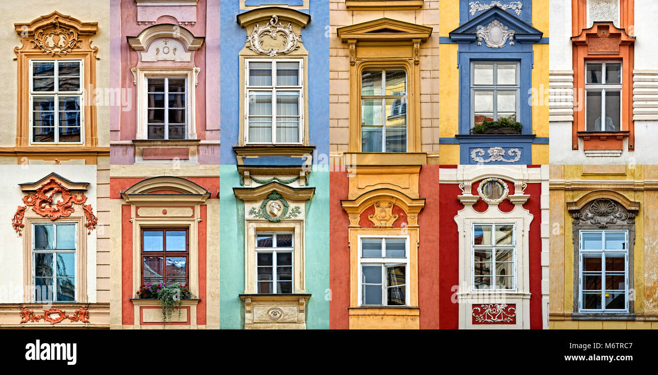 Collage de vitres colorées avec fronton de Prague, République Tchèque Banque D'Images