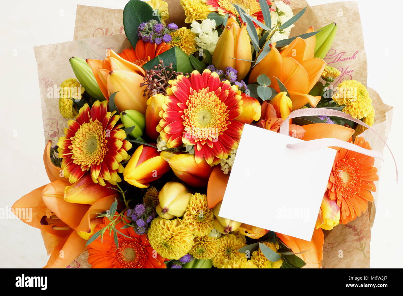 Un bouquet de fleurs de près. Rouge, jaune, orange et lilas fleurs sont recueillis dans un bouquet. Banque D'Images