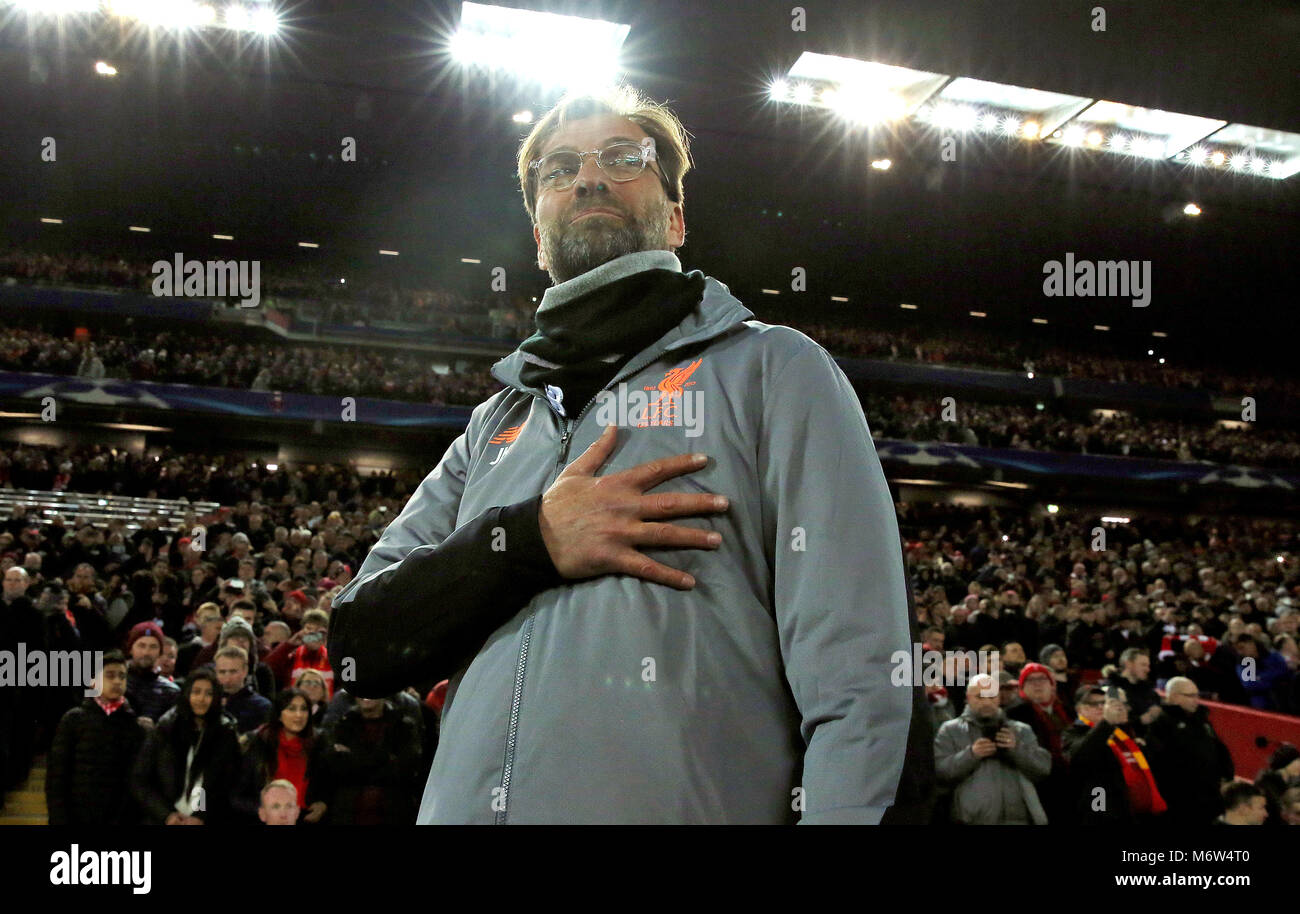 Manager de Liverpool Jurgen Klopp avant le match de la Ligue des Champions à Anfield, Liverpool. Banque D'Images