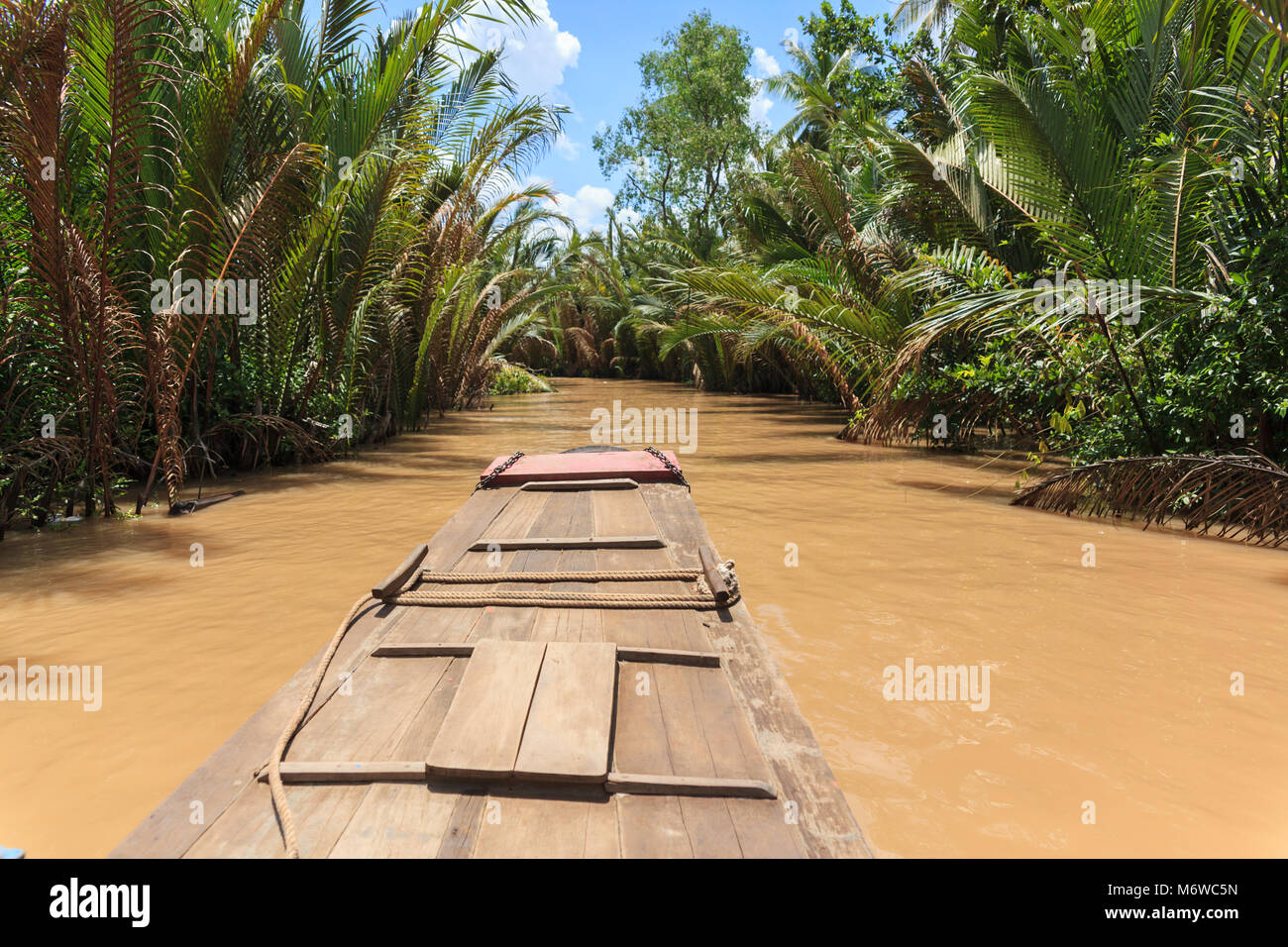 En bateau sur un fleuve sale Delta du Mekong, Vietnam Banque D'Images