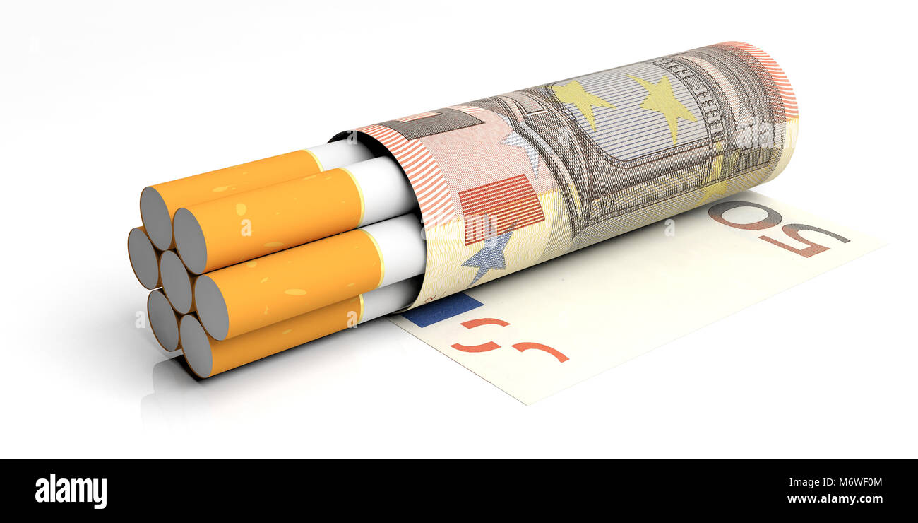 Fumeurs et de l'argent frais. Cigarettes enveloppées dans cinquante euros billets isolé sur fond blanc. 3d illustration Banque D'Images