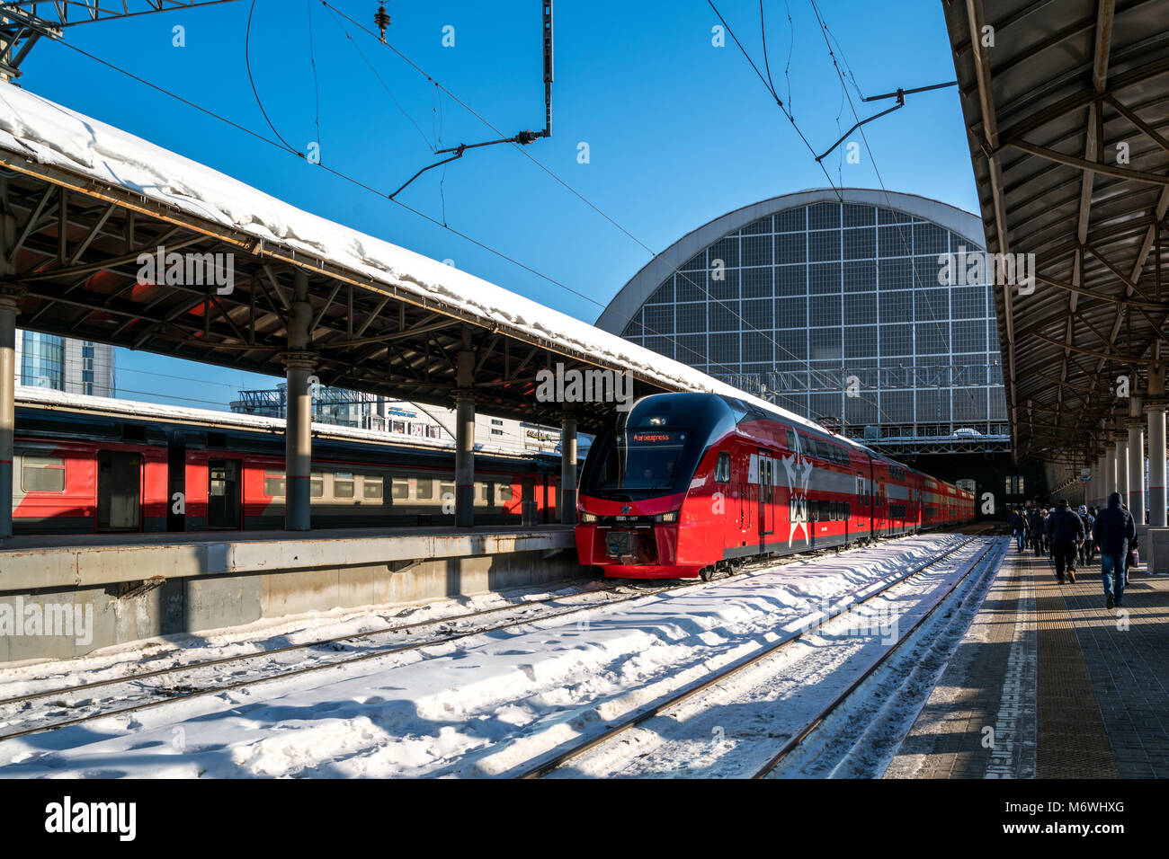 Double étage train Aeroexpress fournissant une connexion aisée entre Kievskiy terminal de chemin de fer et de l'aéroport Vnukovo de Moscou, Russie Banque D'Images