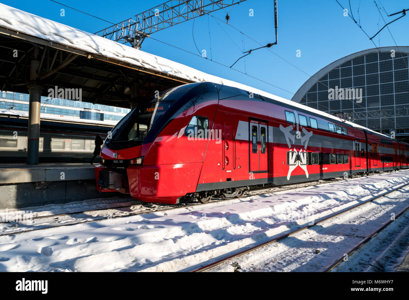 Double étage train Aeroexpress fournissant une connexion aisée entre Kievskiy terminal de chemin de fer et de l'aéroport Vnukovo de Moscou, Russie Banque D'Images