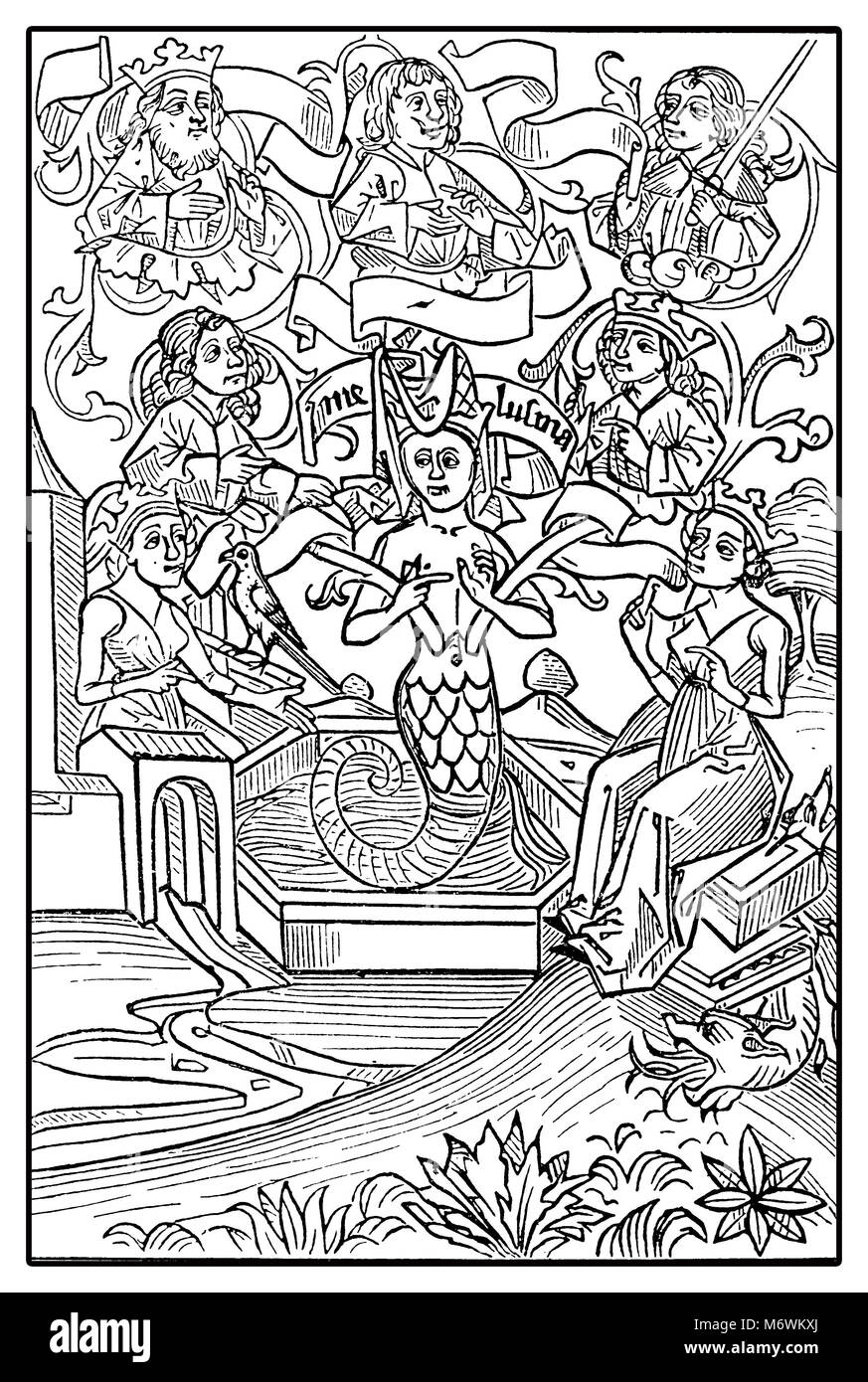 Moyen Âge folklore européen : fée Mélusine, moitié femme et moitié poisson, gravure d'époque Banque D'Images