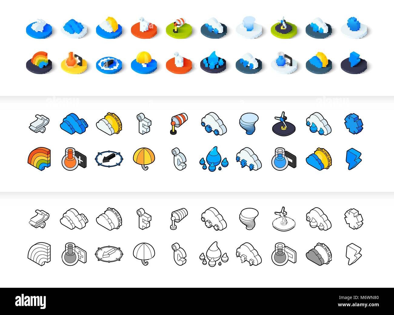 Ensemble d'icônes de styles - télévision isométrique et otline, colorés et les versions noir Illustration de Vecteur