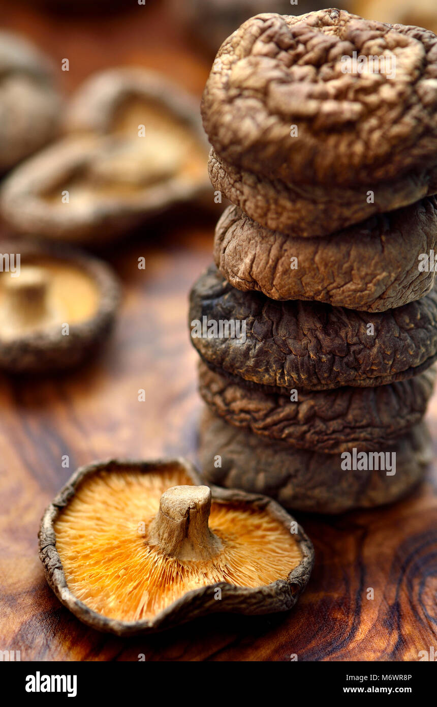 Champignons Shiitake séchés sur une planche à découper en bois d'olivier Banque D'Images