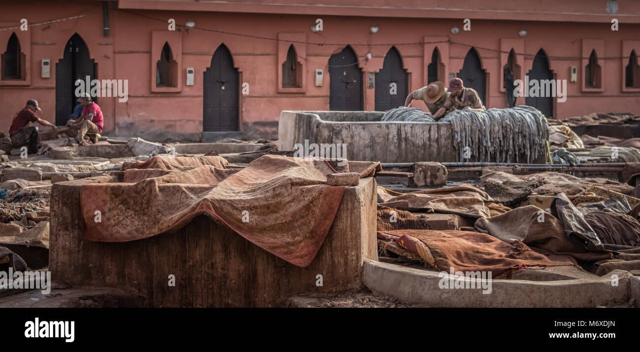 Les hommes marocains travaillant dans la tannerie de Marrakech. Ils sont en cuir le trempage dans des cuves de produits chimiques caustiques et colorants. Banque D'Images