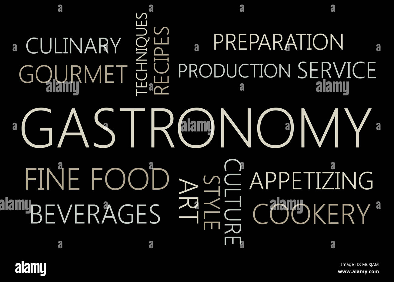 La gastronomie. Mot concept cloud sur fond noir Banque D'Images
