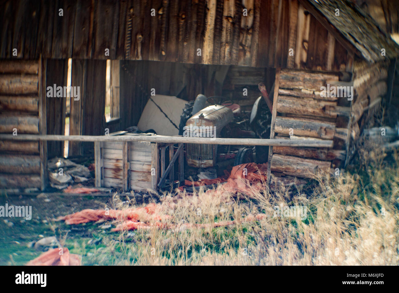 Un tracteur Ford 1948 8N dans une ancienne grange du journal, par la route le long du ruisseau Smart, dans le Long John Montagnes. Banque D'Images