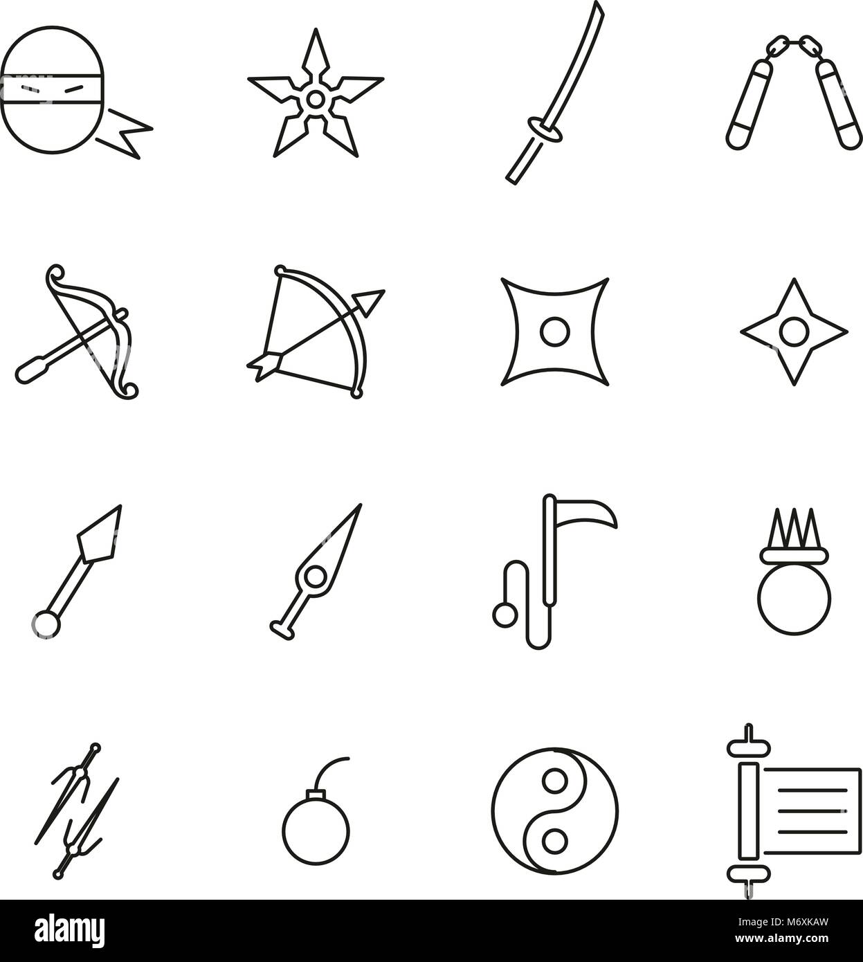 Armes et équipement Ninja Warrior Icônes fine ligne Vector Illustration Set Illustration de Vecteur