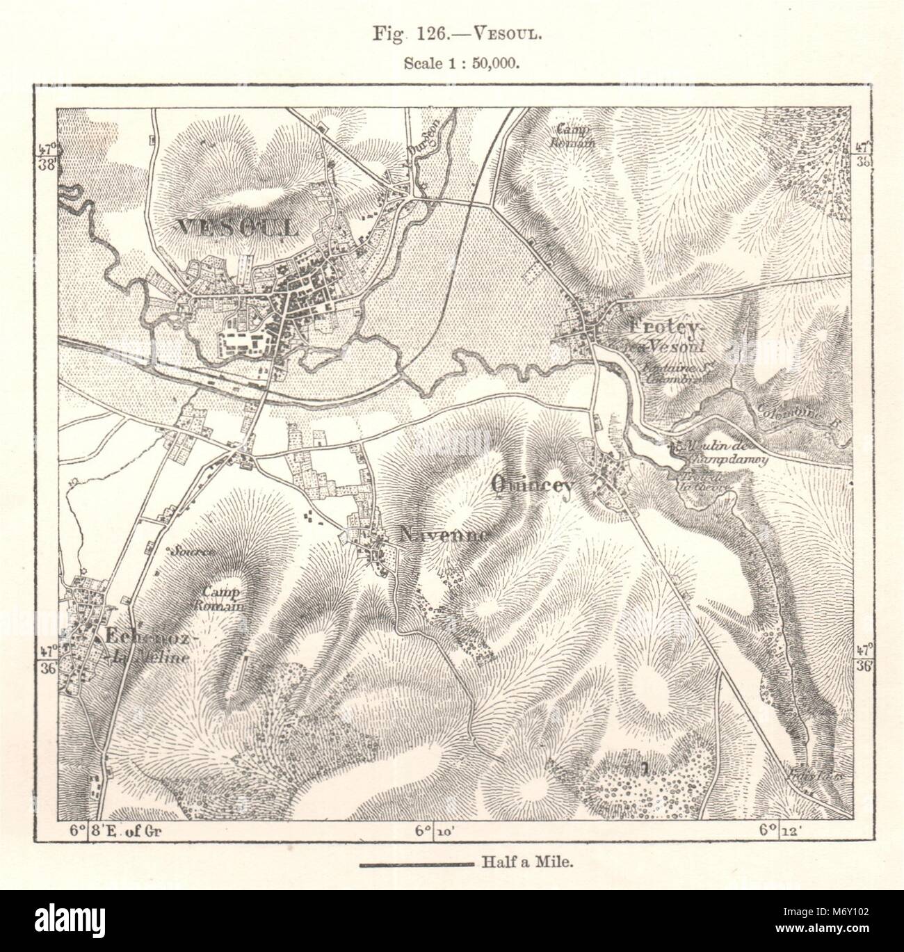 Plan de la ville ville de Vesoul et ses environs. Haute-Saône. Croquis 1885 ancienne Banque D'Images