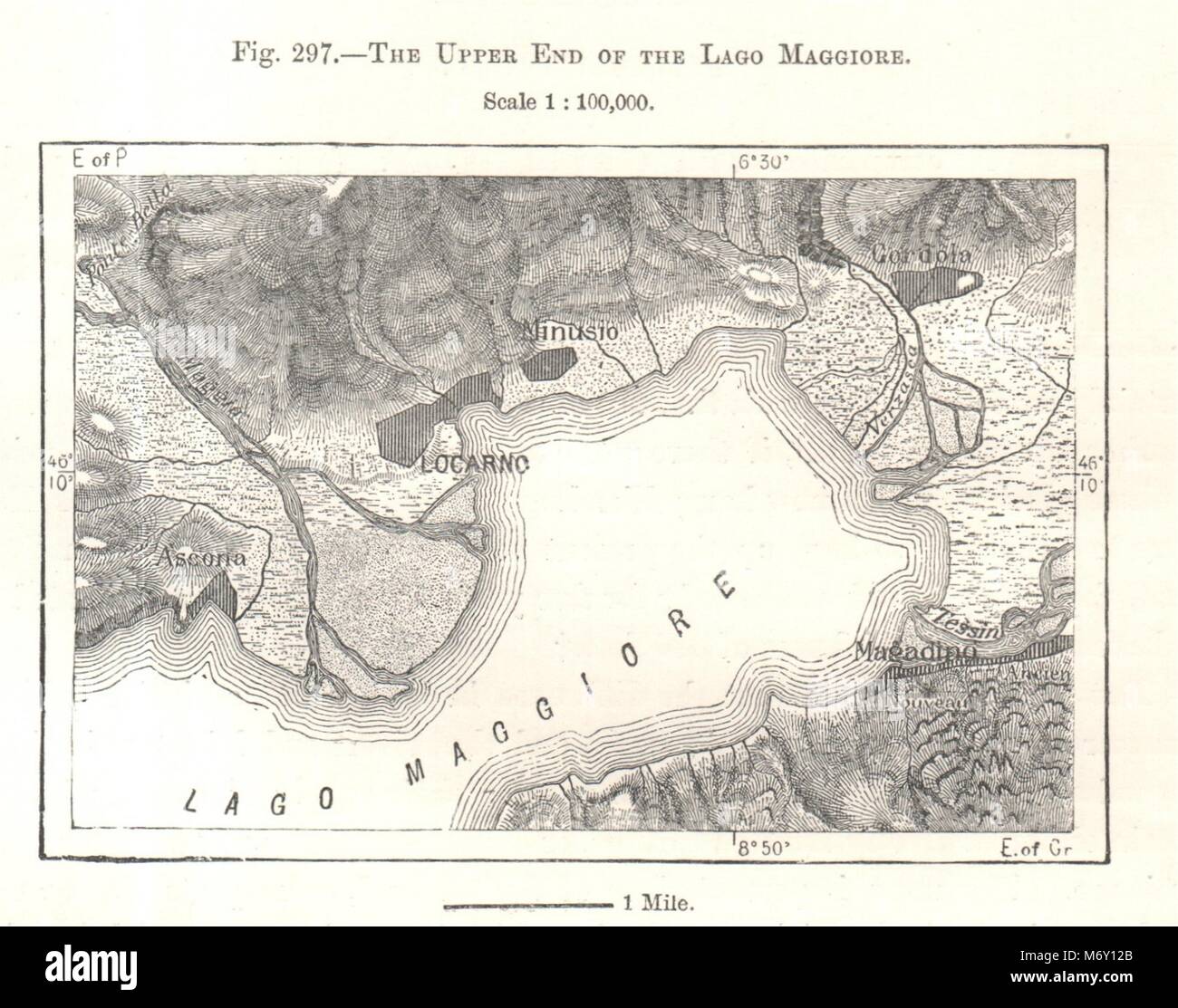L'extrémité supérieure du lac Majeur. Locarno. La Suisse. Croquis 1885 Banque D'Images