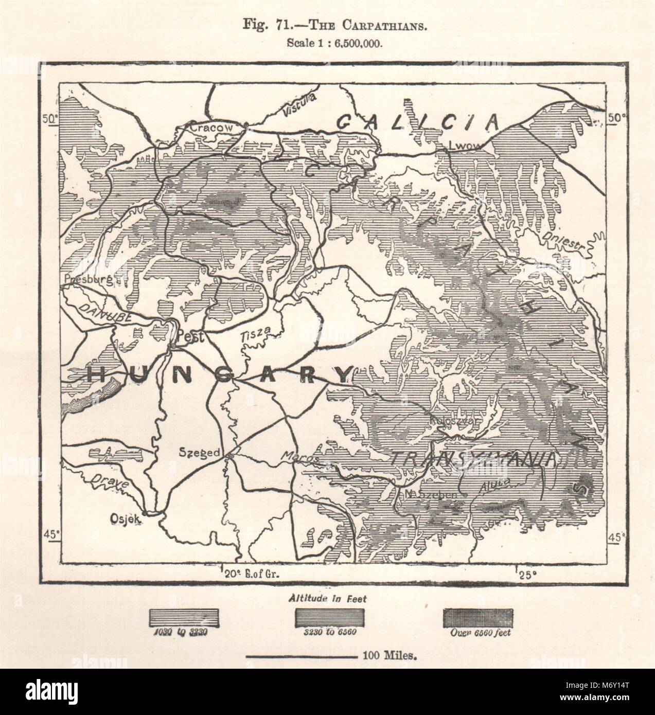 Les Carpates. L'Europe. Croquis 1885 ancienne carte plan vintage Banque D'Images
