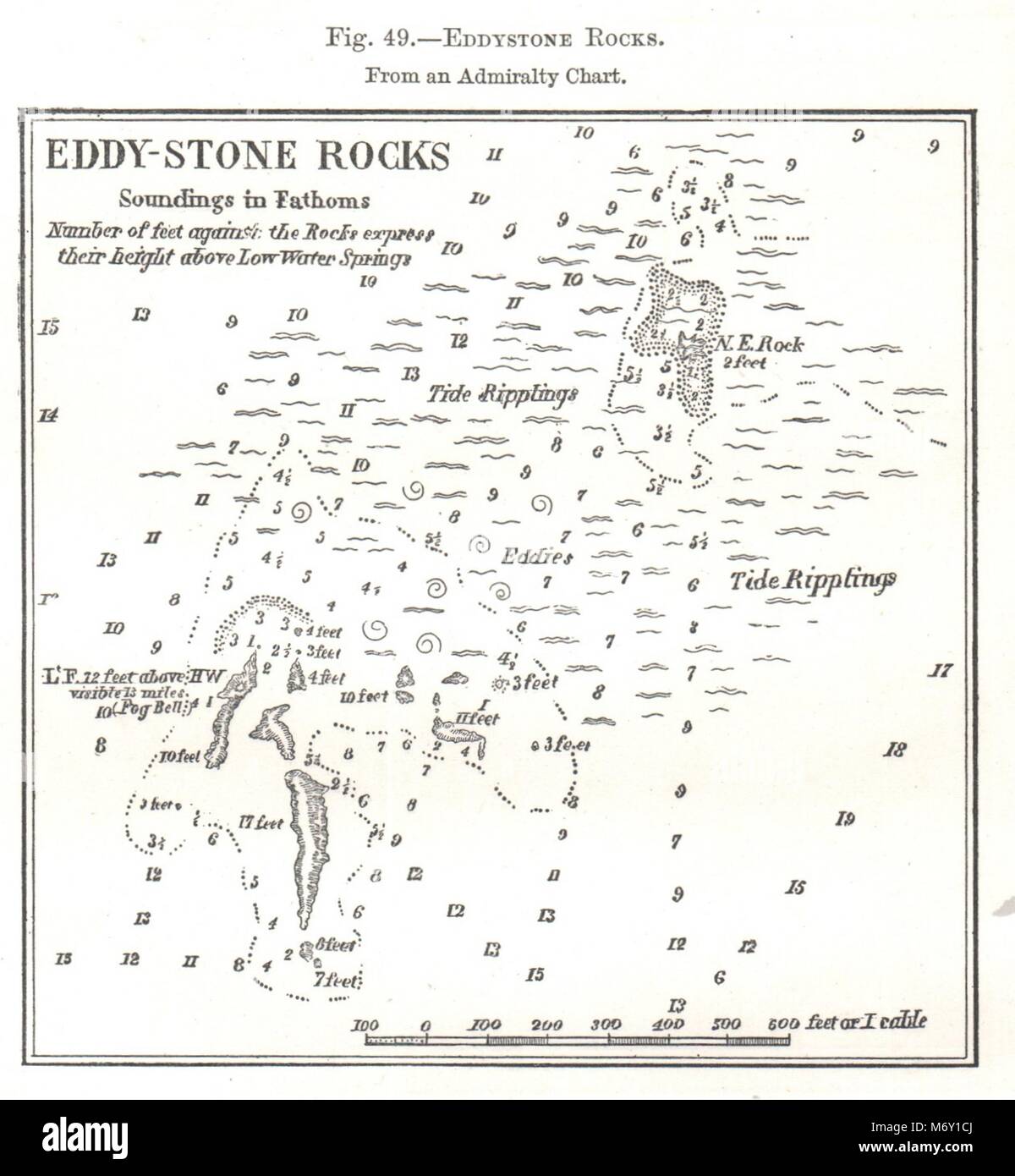 Eddystone Rocks. Devon. Croquis 1885 ancienne carte plan vintage Banque D'Images