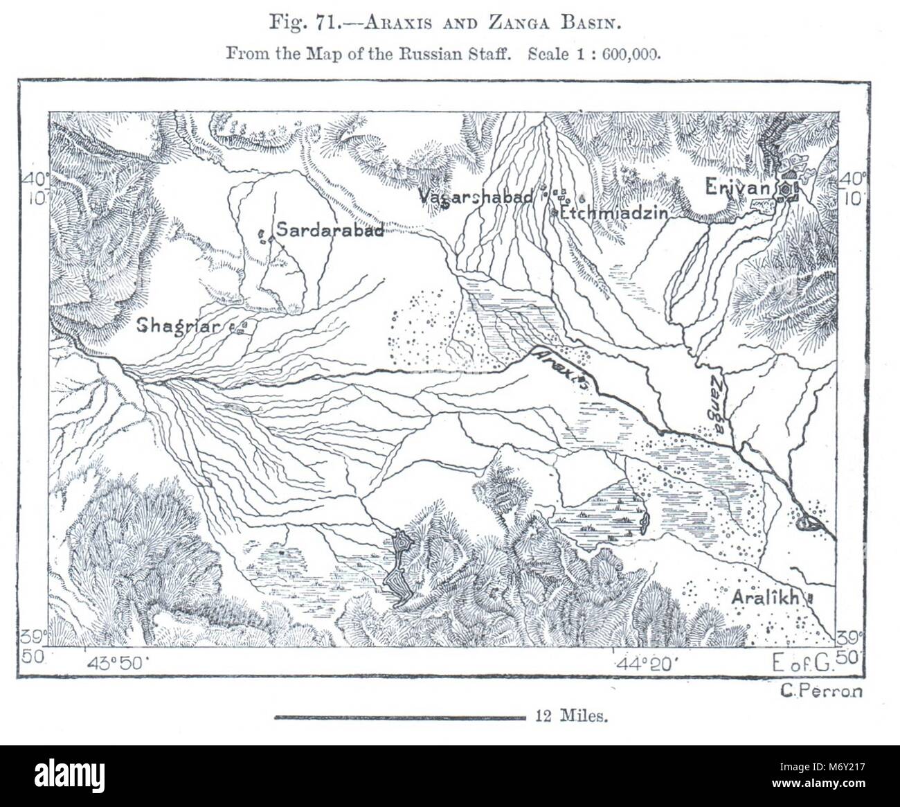 Aras & Zanga forme du bassin le plan de la Fédération du personnel. L'Arménie. Croquis 1885 Banque D'Images