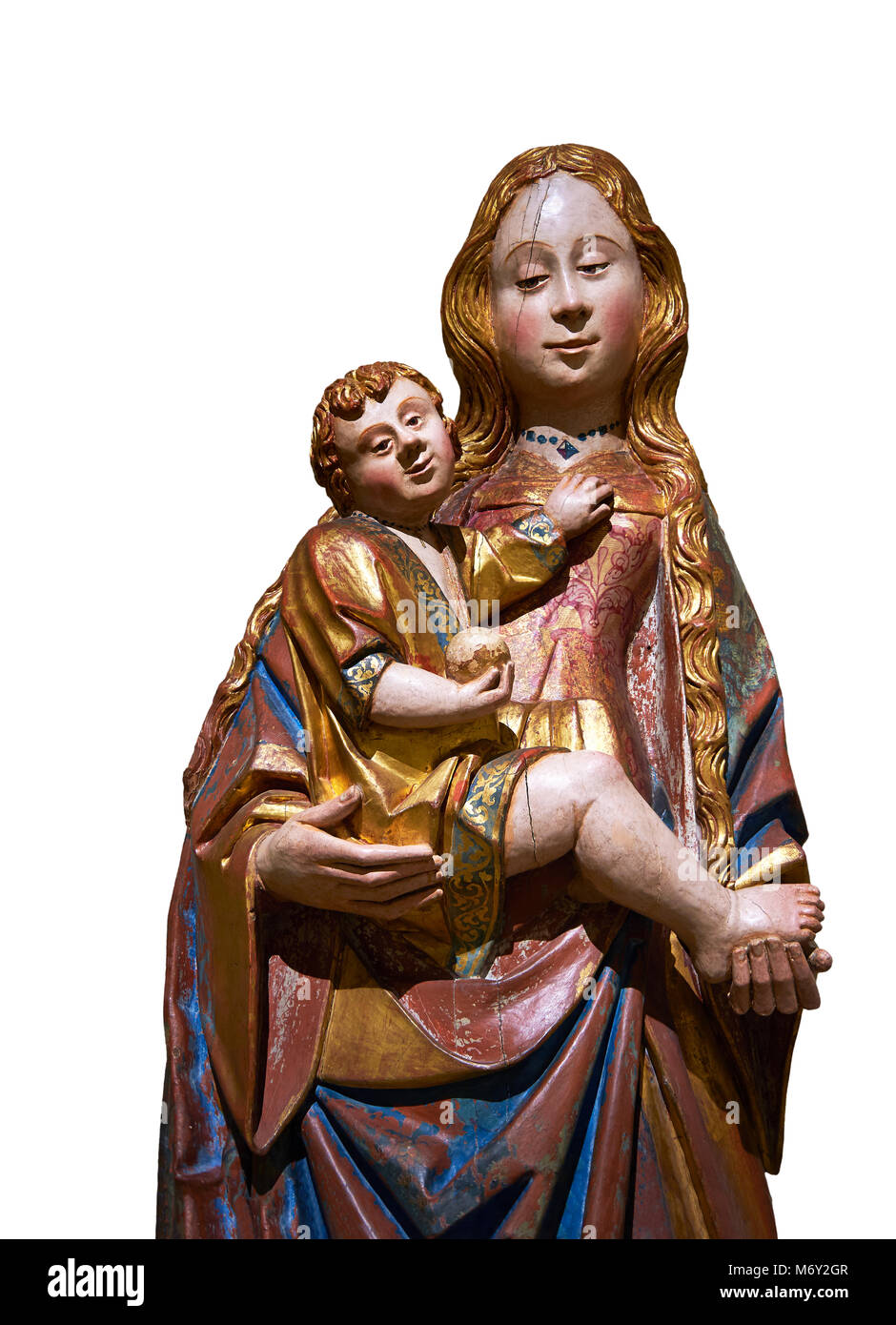 Statue gothique de la Vierge Marie (Vierge) de maintien de l'enfant Jésus. La feuille d'or et polychrome sur bois par le Cercle de Gil de Siloé vers 1500, probabl Banque D'Images