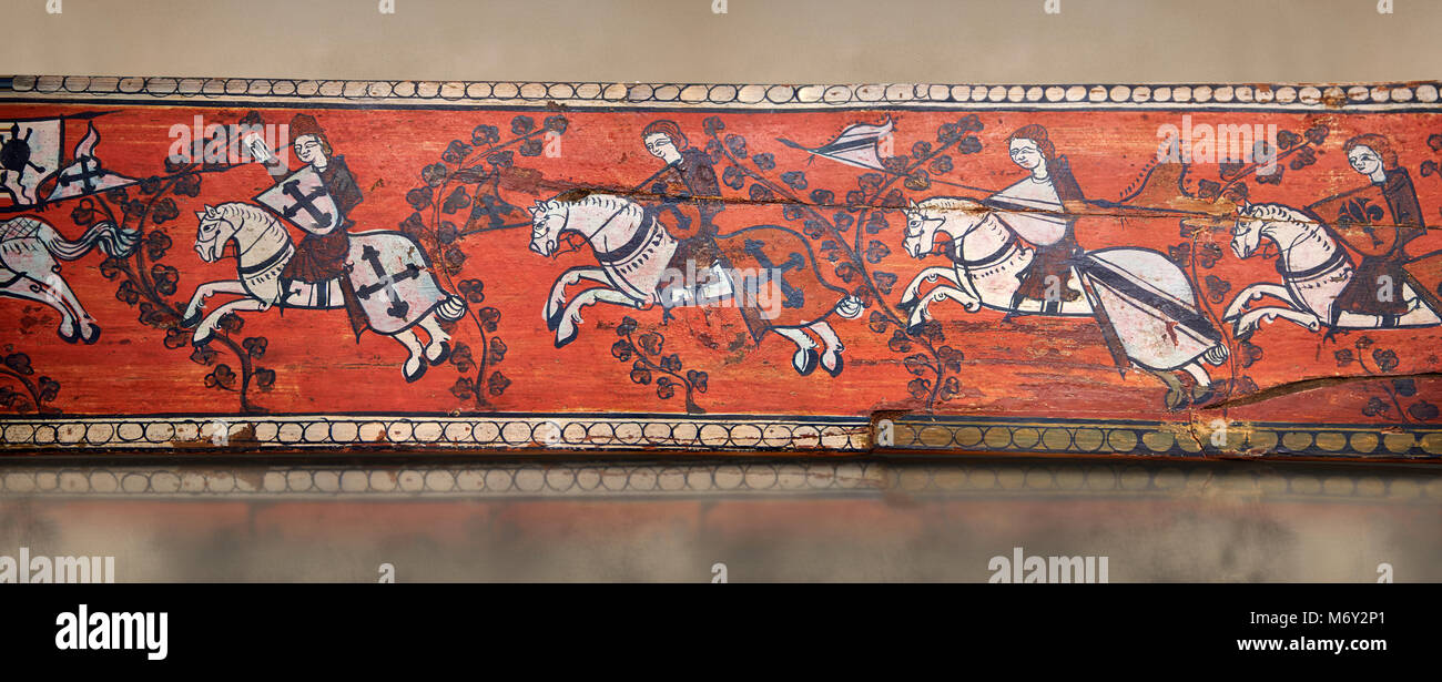 Panneaux décoratifs faisceau peint gothique avec gknights sur les chevaux, Tempera sur bois. Musée national d'Art Catalan (MNAC), Barcelone, Espagne. Contre un art Banque D'Images