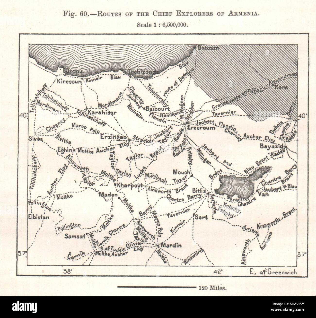 Les itinéraires de la chef des explorateurs de l'Arménie. La Turquie. Croquis 1885 ancien Banque D'Images Les itinéraires de la chef des explorateurs de l'Arménie. La Turquie. Croquis 1885 ancien Banque D'Images