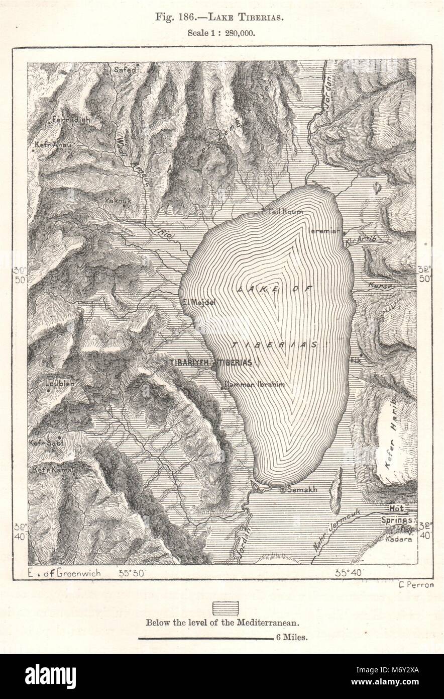 Le lac de Tibériade. Israël. Croquis 1885 ancienne carte plan vintage Banque D'Images