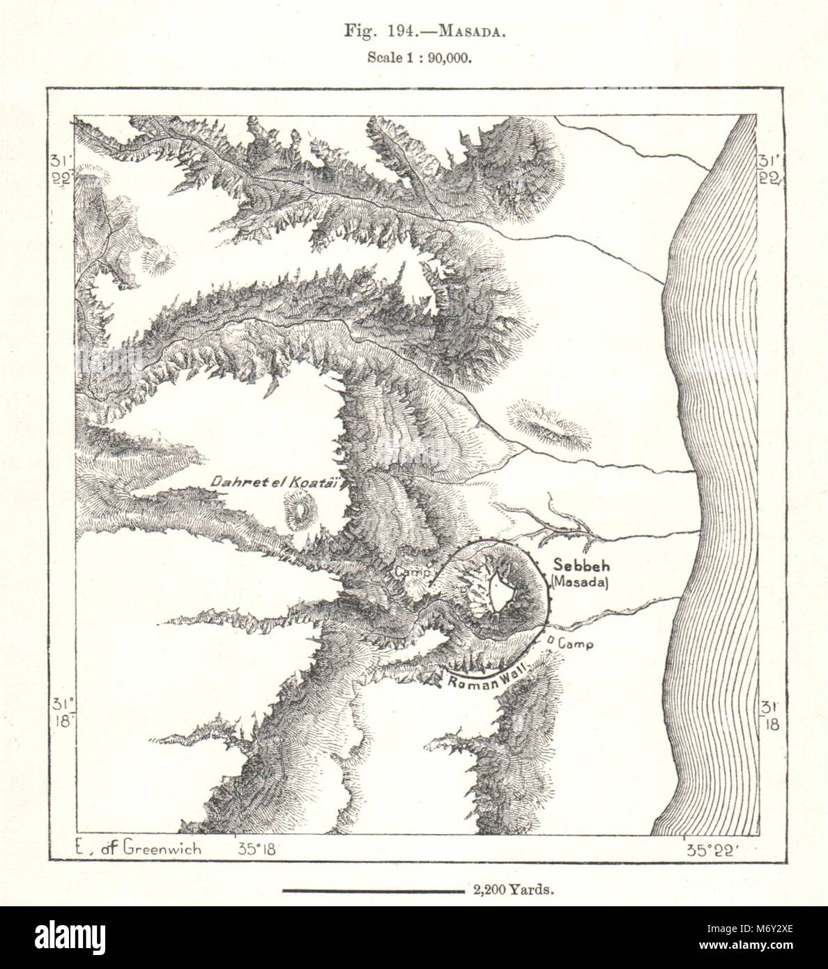 Massada. Israël. Croquis 1885 ancienne carte plan vintage Banque D'Images