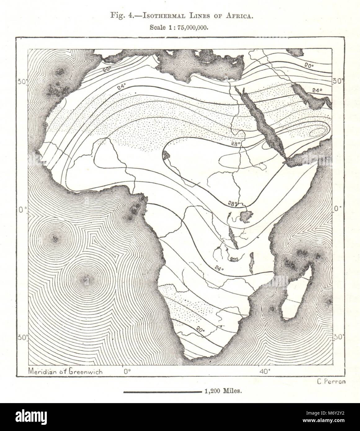 Les lignes isothermes de l'Afrique. Croquis 1885 ancienne carte plan vintage Banque D'Images