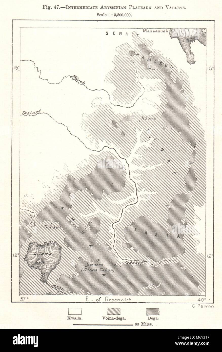 Plateaux Abyssins intermédiaires et les vallées. Le lac Tana. L'Éthiopie. Croquis 1885 Banque D'Images