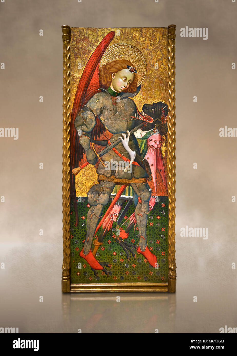 Retable gothique de l'Archange Michael ( Sant Miguel Arcangel) par Blasco de Branen de Saragosse, vers 1435-1445 tempera , et feuille d'or sur de bois. Banque D'Images