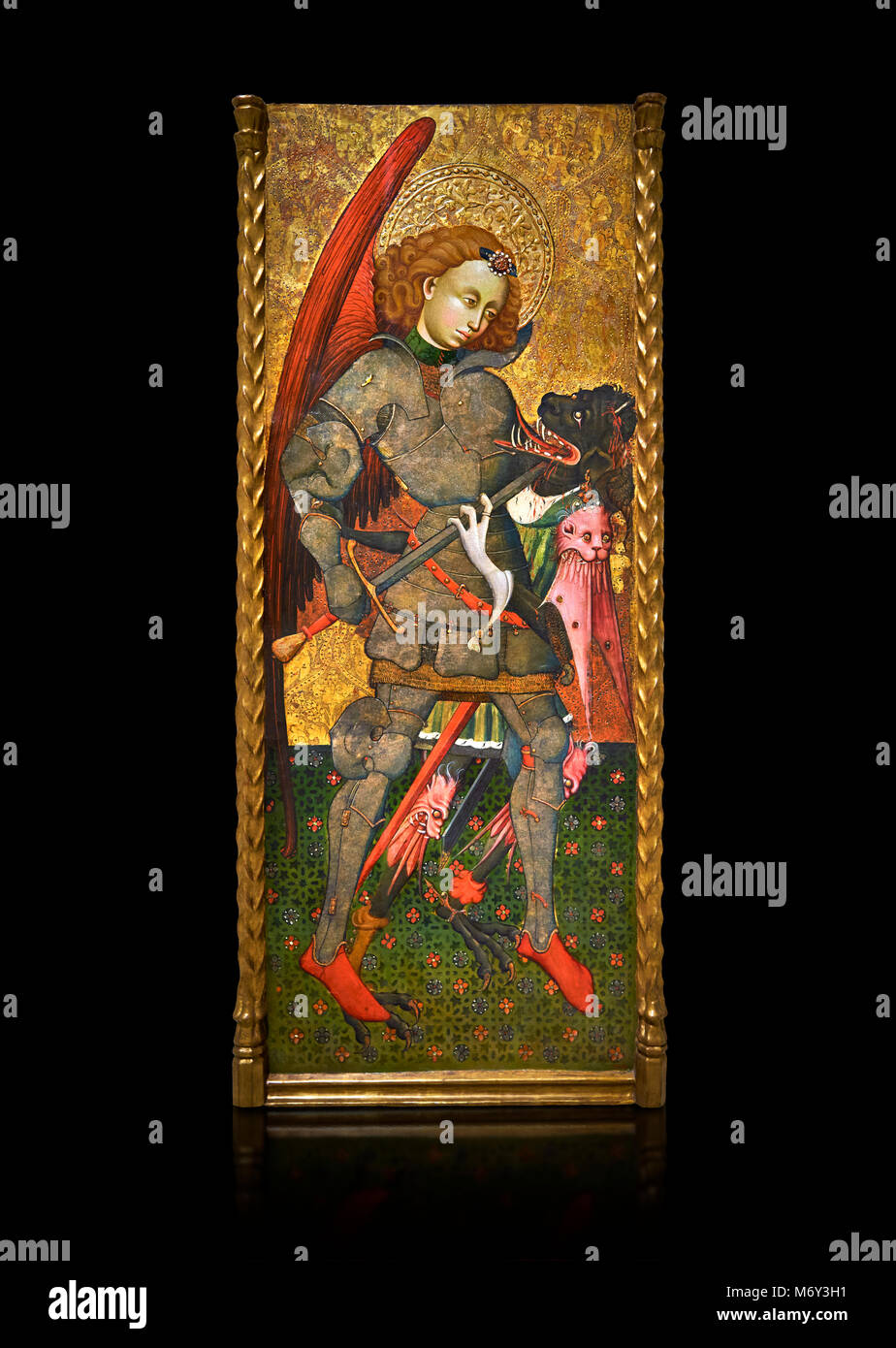 Retable gothique de l'Archange Michael ( Sant Miguel Arcangel) par Blasco de Branen de Saragosse, vers 1435-1445 tempera , et feuille d'or sur de bois. Banque D'Images