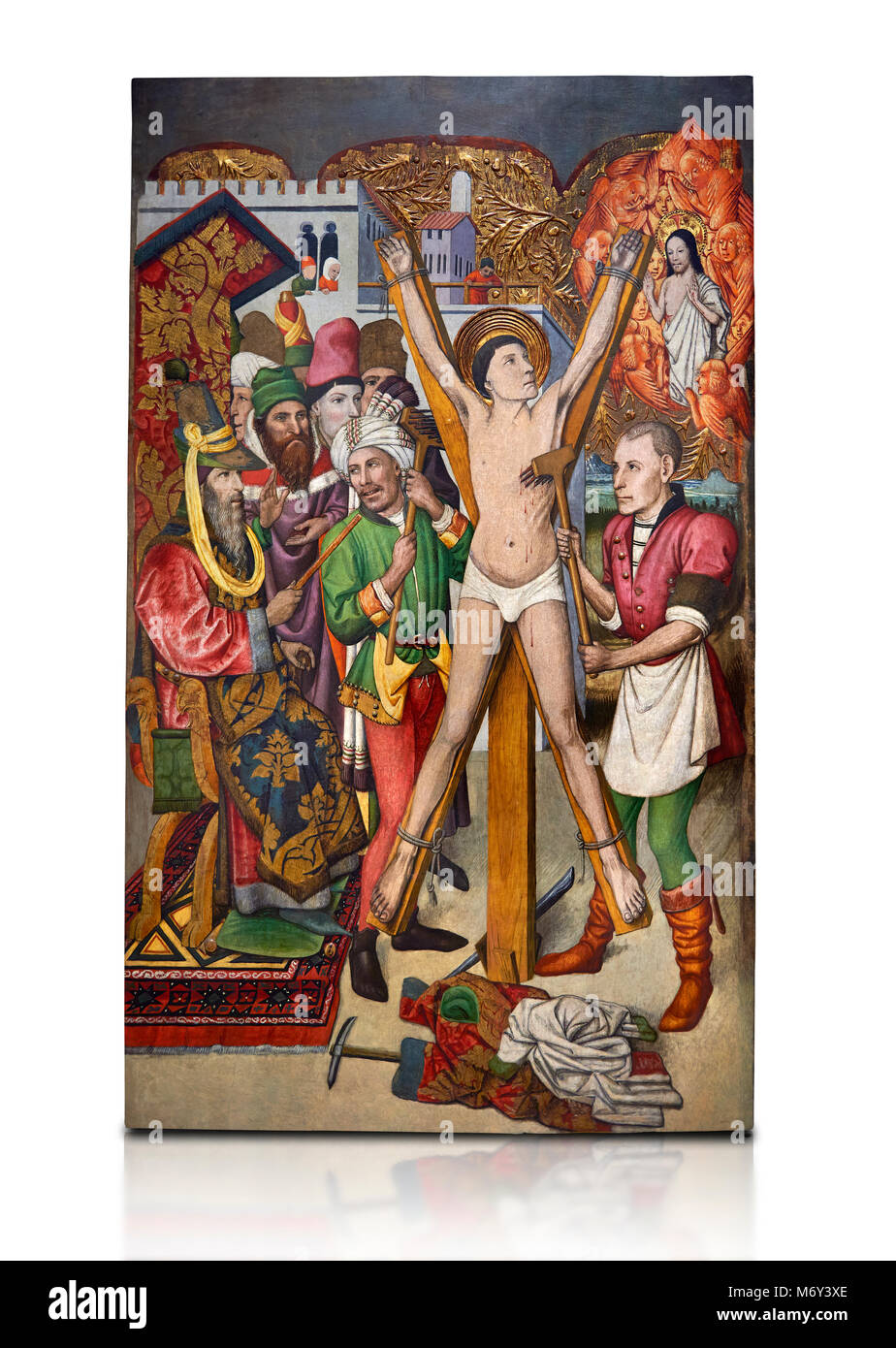 Retable gothique catalan du martydom de Sant Vicenç (Saint Vincent), par Jaume Huguet de Barcelone, vers 1455-1460, tempera sur bois et feuille d'or Banque D'Images