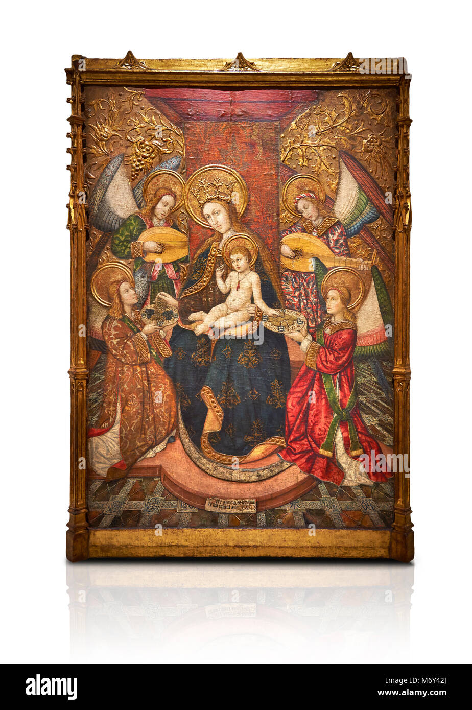 Retable gothique de la Vierge à l'enfant et 4 anges, par Pere Garcia de Benavarri, vers 1445-1485, tempera et feuille d'or sur bois. Musée national de Banque D'Images