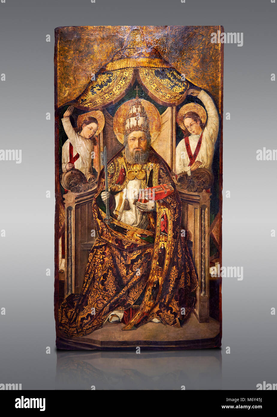 Retable gothique catalan de Saint Peter, intronisé par Roderic d'Orsona de Valence, vers 1475, tempera sur bois et feuille d'or. Musée national de Ca Banque D'Images