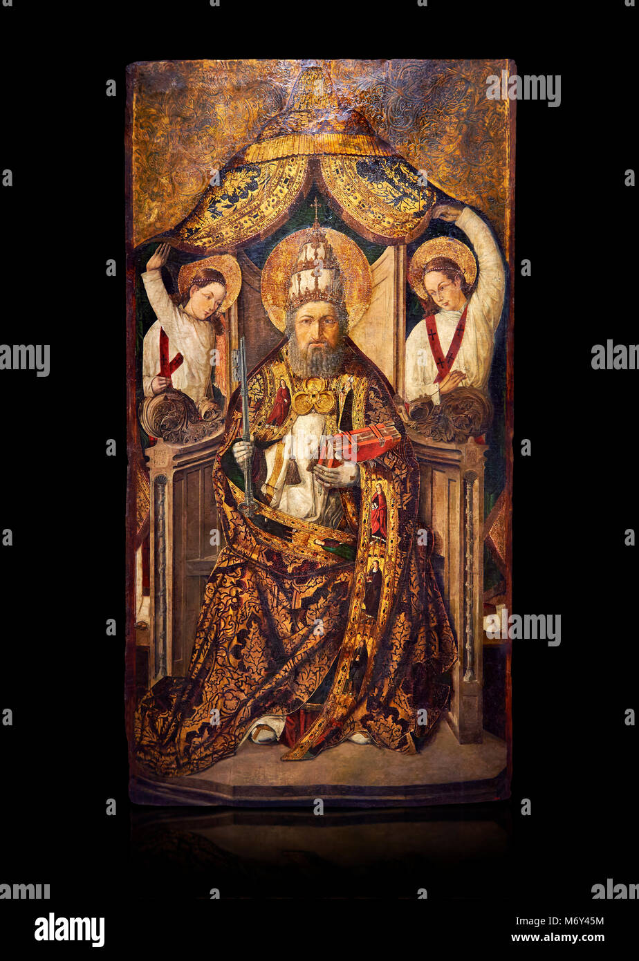 Retable gothique catalan de Saint Peter, intronisé par Roderic d'Orsona de Valence, vers 1475, tempera sur bois et feuille d'or. Musée national de Ca Banque D'Images