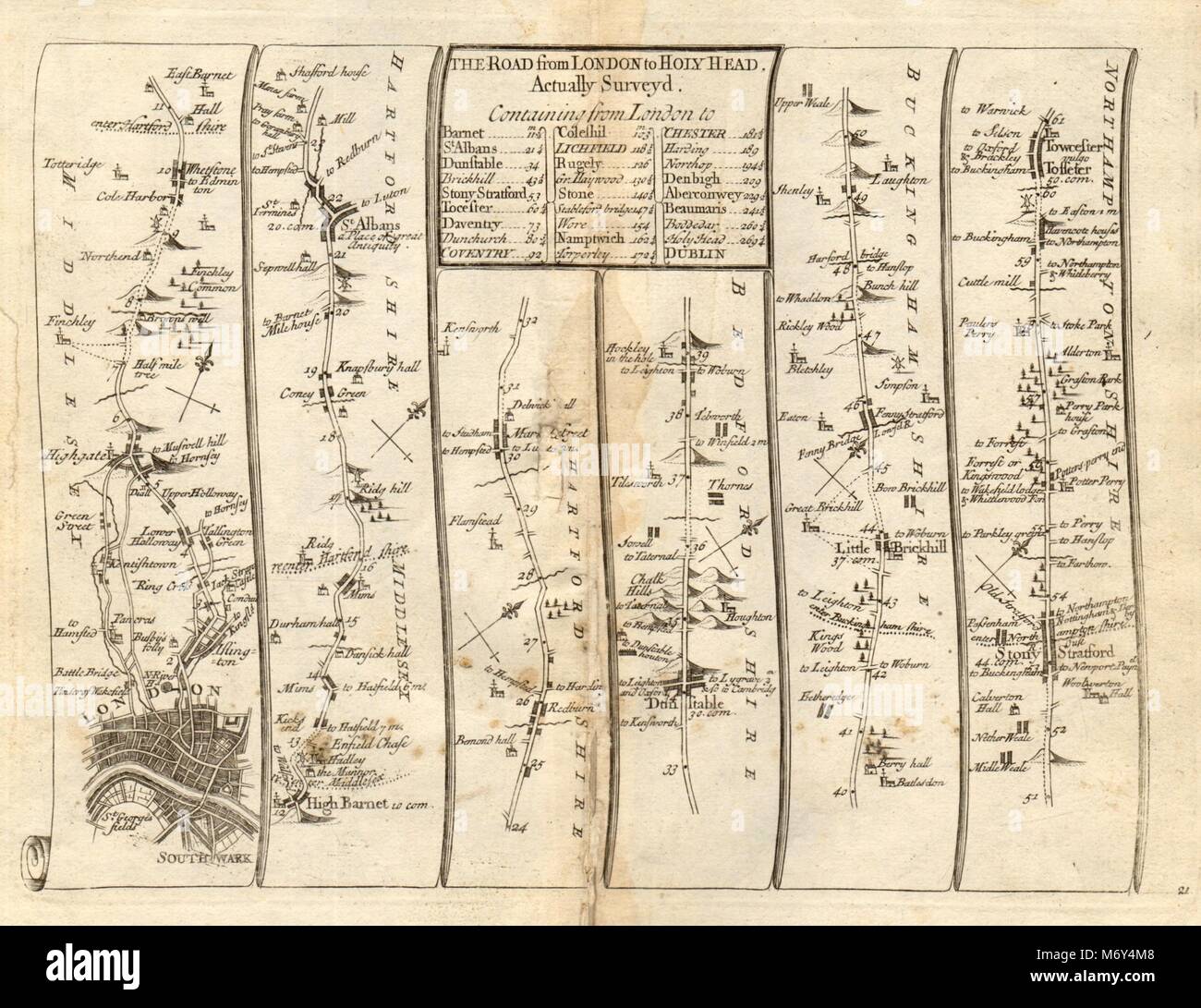 Islington Londres Highgate St Albans Dunstable Towcester SENEX # 21 Feuille de route 1719 Banque D'Images