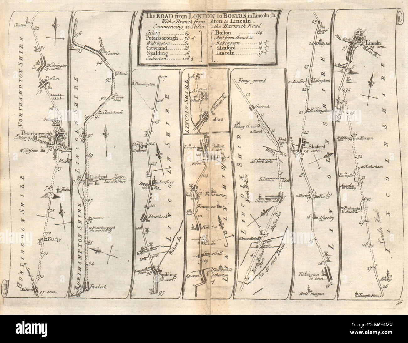 Yaxley Spalding Peterborough Boston Sleaford SENEX # 36 Lincoln road map 1719 Banque D'Images