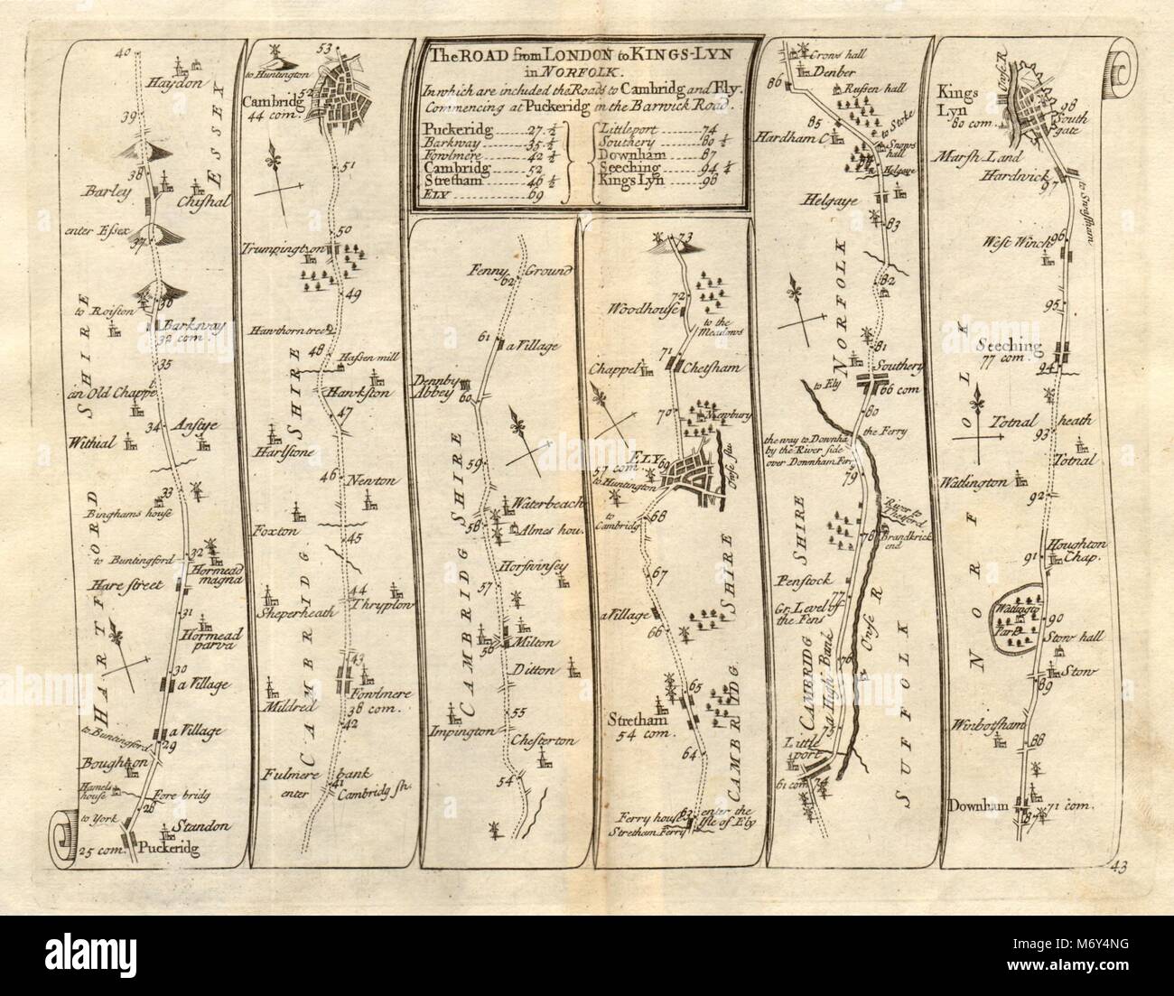 Puckeridge Ely Cambridge M. Downham Market King's Lynn SENEX # 43 Feuille de route 1719 Banque D'Images