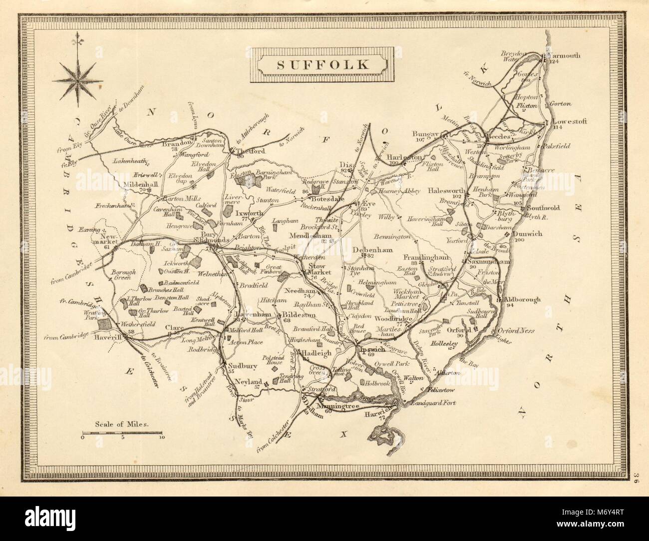 Carte du comté de Suffolk antique par John Heywood. Chemins et routes entraîneur c1864 Banque D'Images