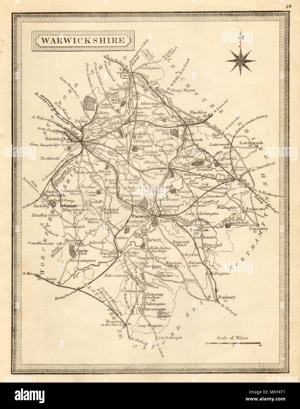 Carte du comté de Warwickshire antique par John Heywood. Chemins et routes entraîneur c1864 Banque D'Images