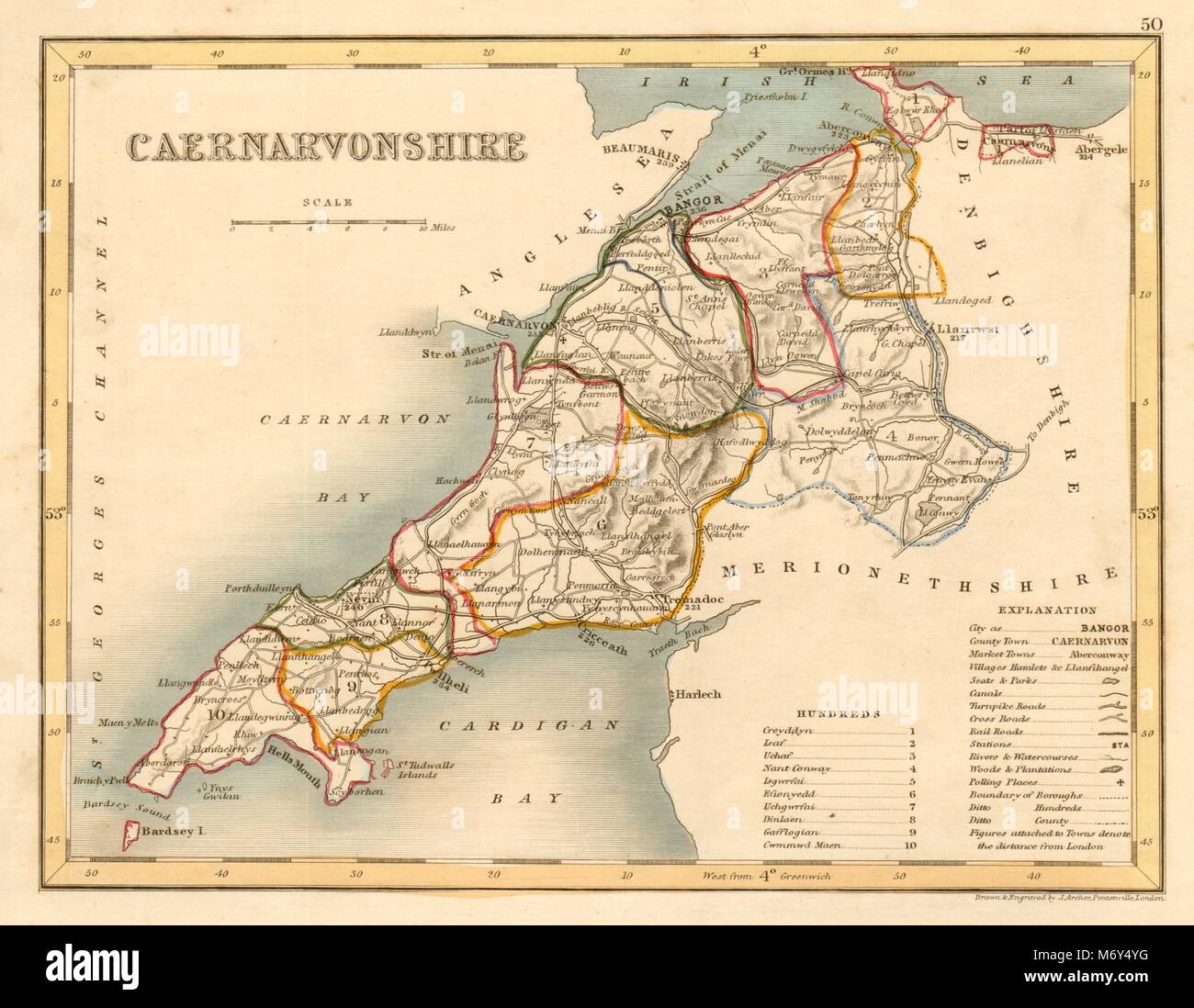 Carte du comté de CAERNARVONSHIRE par ARCHER & Dugdale. Caernarfonshire. Sièges 1845 Banque D'Images