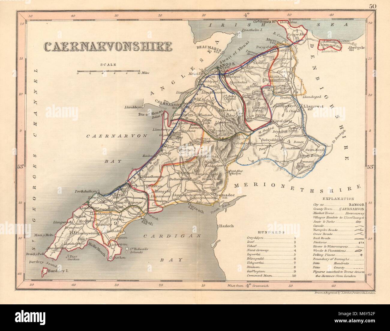 Carte du comté de CAERNARVONSHIRE par ARCHER & Dugdale. Caernarfonshire. Sièges c1845 Banque D'Images